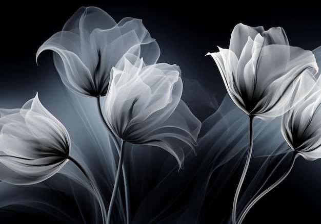 Abstrait belle tulipe blanche et sombre émanant de la lumière et de la fumée autour de lui Romanticisme et beauté