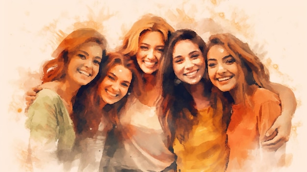 Abstrait avec de belles jeunes femmes souriantes et étreignant Portrait féminin avec groupe de copines avec dessin texture pinceau Illustration horizontale pour la conception de bannières AI générative