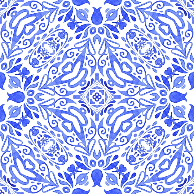 Abstrait bleu et blanc dessiné à la main tuile transparente motif de peinture aquarelle ornementale. Peut être utilisé comme carte de Noël ou fond, carreaux de tissu et de céramique, vaisselle