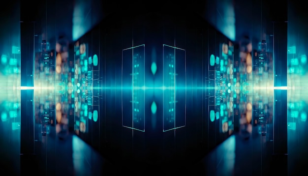 Abstrait bleu futuriste centre de données transfert de données rayons et lignes néon bleu Réflexion de la lumière dans l'espace Scène vide futuriste sombre Illustration 3D