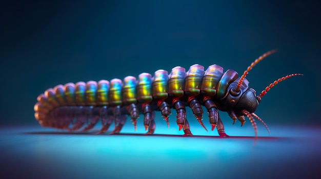 Abstrait avec chenille brillante avec des antennes dans des couleurs néon fluorescentes Ver d'insecte arthropode ou larve d'insecte en vue rapprochée Illustration horizontale pour la conception de bannières AI générative