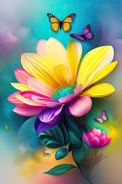 abstrait coloré avec des fleurs florales avec des papillons jaune sarcelle pétales roses