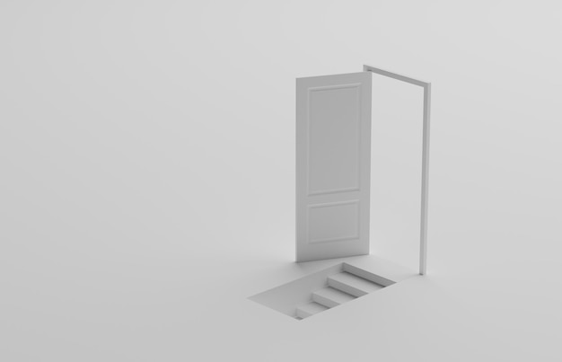 abstrait ou concept d'entreprise porte blanche ouverte et escalier secret ou sous-sol sur fond blanc. 3d