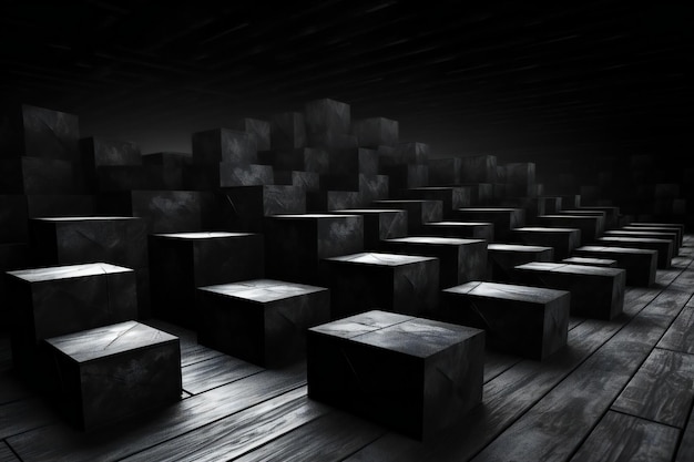 Abstrait de cubes noirs et blancs dans une pièce sombre vide