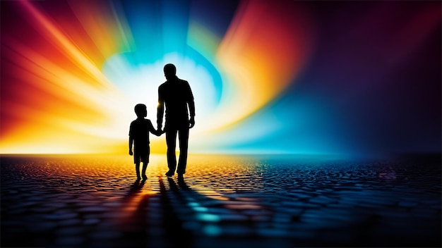 Abstrait encre colorée père et fils main dans la main ensemble silhouette IA générative