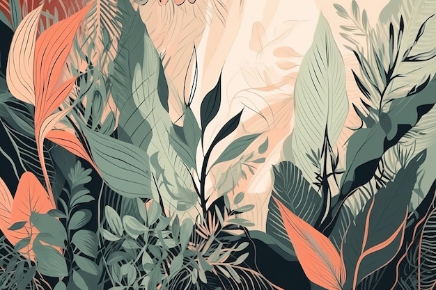 Abstrait de feuilles tropicales vertes et orangeBelle impression minimaliste pour votre décor pour les félicitations de cartes postales et l'affiche Generative AI