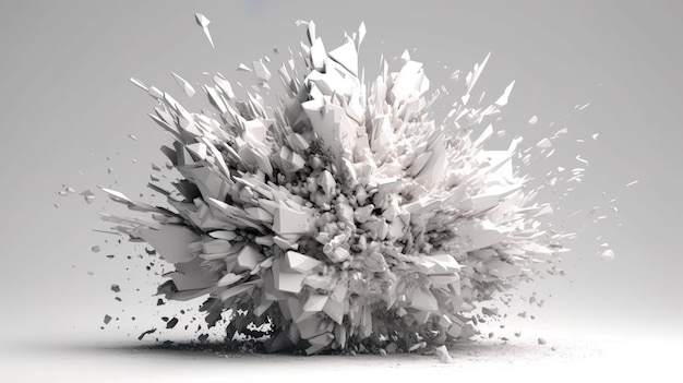 Abstrait avec des formes rondes blanches explosion de matériau en béton Crash de pierre avec des morceaux de fragments volants et des particules pointues Illustration horizontale pour la conception de bannière AI générative