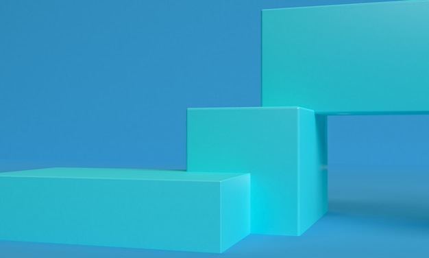 Abstrait géométrique bleu primitif minimaliste, illustration tendance élégante Podium, stand, vitrine sur couleur pastel pour produit premium. Rendu 3D.