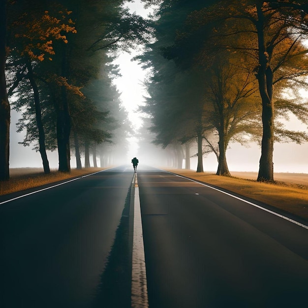 Abstrait Homme à silhouette marchant droit sur une route brumeuse à la lumière du jour avec des arbres d'automne