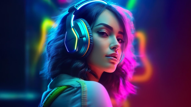 Abstrait avec jeune fille au casque dans les couleurs lumineuses au néon du club Portrait féminin coloré fond d'écran moderne atmosphérique Illustration horizontale pour la conception de bannières AI générative