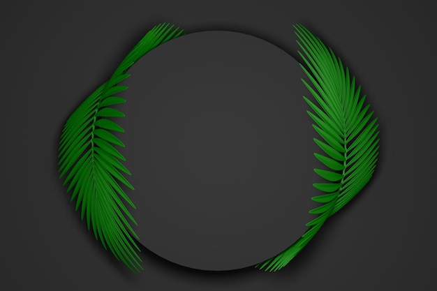 Abstrait moderne noir et vert foncé d'un cadre rond entouré de deux feuilles de palmier arrondies et moelleuses illustration 3D rendu 3D