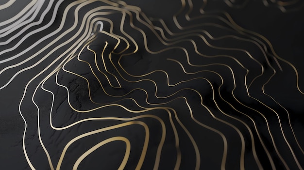 Abstrait noir et or Relief topographique 3D réaliste texturé avec des couches ondulées