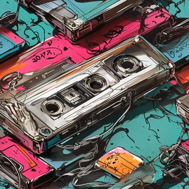 Abstrait nostalgie cassette peinture modèle sans couture coloré œuvre d'art numérique fond ai gener