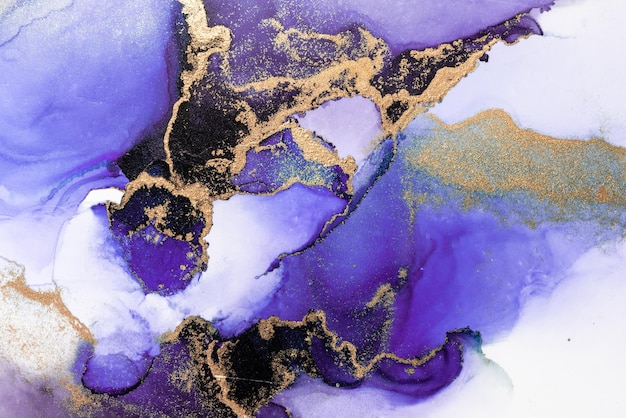 Abstrait or violet de peinture d'art à l'encre liquide en marbre sur papier.