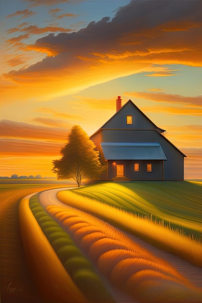 Abstrait paysage de ferme à l'heure d'or avec un coucher de soleil éclatant et des champs Belle peinture à l'huile