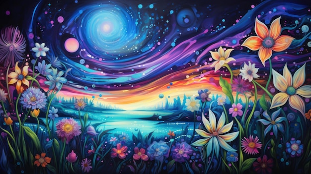 Abstrait Paysage de jardin cosmique avec des fleurs boho psychédéliques dans des galaxies tourbillonnantes