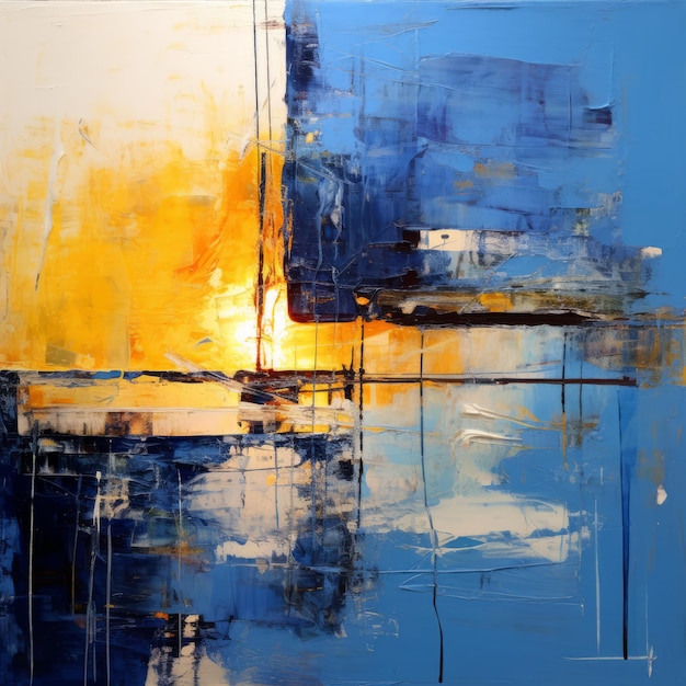 Abstrait Des paysages urbains Peinture à l'huile bleue et jaune avec une lumière de fond spectaculaire