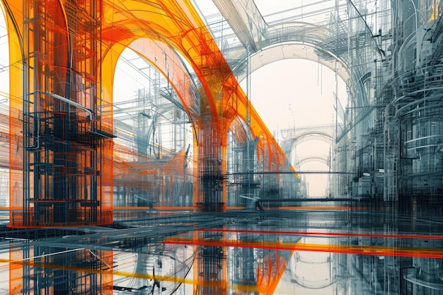 Abstrait Peinture d'un bâtiment avec des arches et des arches Projet d'ingénierie de construction du futur vu à travers des couches de conceptions et de structures AI généré