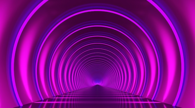 Abstrait de podium tunnel rond. Stade de réflexion de la lumière violette. Rendu 3D.