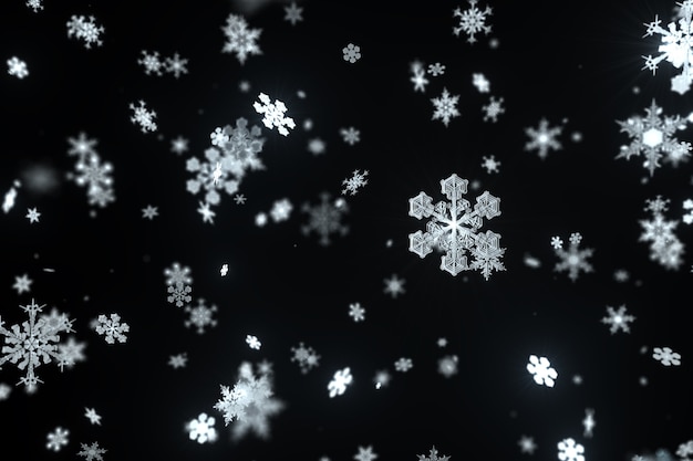 Photo abstrait de rendu 3d avec des flocons de neige. illustration de fond de noël ou de noël. thème des vacances d'hiver. flocon de neige très détaillé.