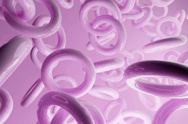 Abstrait rose de beignets flottants 3d Figures rondes pastel en plastique modernes Conception de rendu 3d de motif de beignet abstrait Maquette abstraite scène couleur pastel