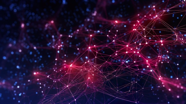 Abstrait avec rose brillant de la structure du réseau avec des points et des lignes en vue rapprochée Fond d'écran futuriste du web neuronal connecté Illustration horizontale pour la conception de bannières AI générative
