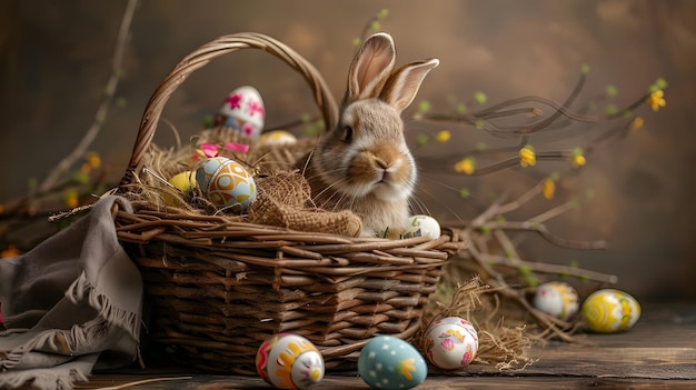 Abstrait Scène de Pâques défocalisée Oreilles de lapin derrière l'herbe et œufs décorés dans un champ de fleurs