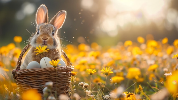 Abstrait Scène de Pâques défocalisée Oreilles de lapin derrière l'herbe et œufs décorés dans un champ de fleurs