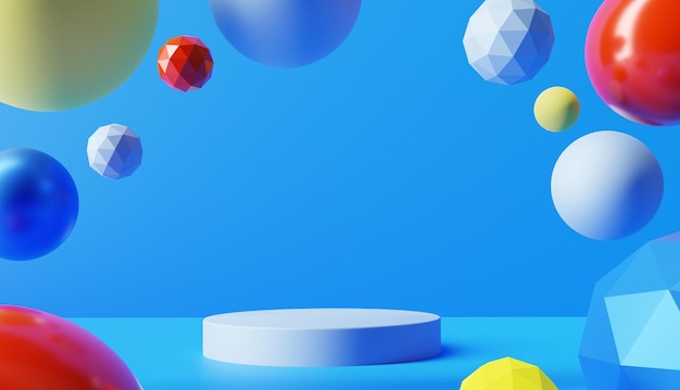 Abstrait avec des sphères 3d dynamiques Ballons bleus rouges et jaunes Formes 3d réalistes