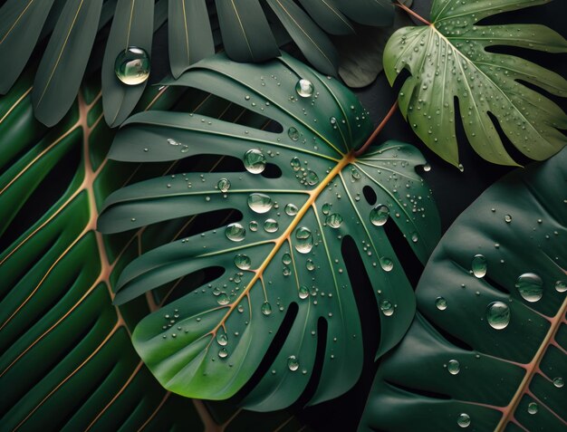 Abstrait vert Banane tropicale et Monstera feuilles d'arrière-plan créé avec la technologie d'IA générative