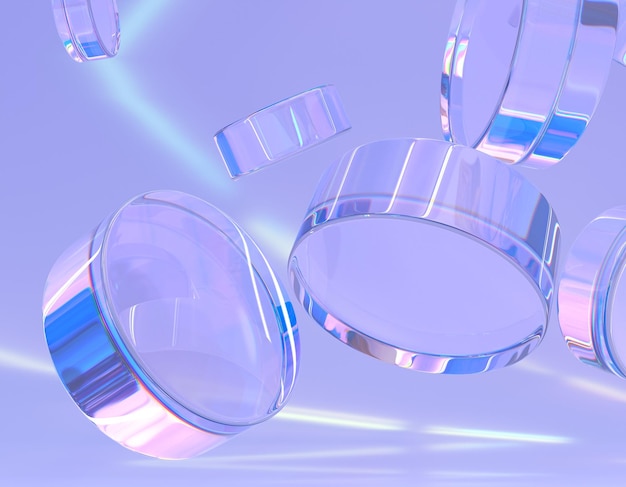 Abstrait violet géométrique avec des cylindres de verre brillants et des ronds cristallins de lumière arc-en-ciel de dispersion en forme de rondelles ou de pièces de monnaie cercles translucides brillants avec des reflets rendu 3d