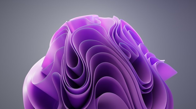 Abstrait avec des volants superposés violets en forme de fleur Papier peint de mode ondulé avec des couches et des plis isolés sur fond sombre Élément de décoration incurvé rond de tissu ou de papier rendu 3d