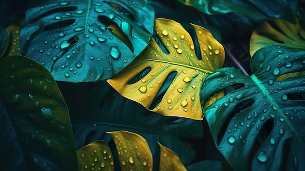 Abstrait avec vue rapprochée sur les feuilles vertes et jaunes de monstera en gouttes Fond d'écran botanique d'été avec feuillage frais de la jungle Illustration horizontale pour la conception de bannières AI générative