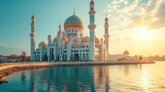 Abu Dhabi au coucher de soleil doré Vue extérieure de la mosquée des Émirats arabes unis