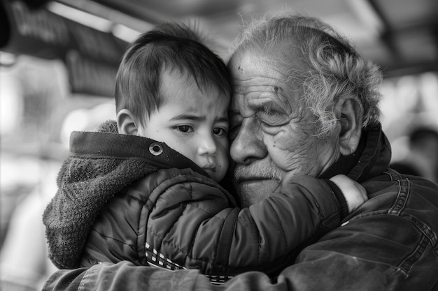 Photo abuelo abrazando a su nieto un câlin générationnel plein d'amour et d'amitié dans un lien familial étroit