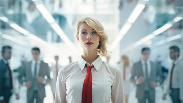 Abuse harcèlement au travail concept Portrait d'une belle femme blonde insecure au bureau dans une foule d'hommes confuse secrétaire portant un blouse blanche et une cravate rouge au travail