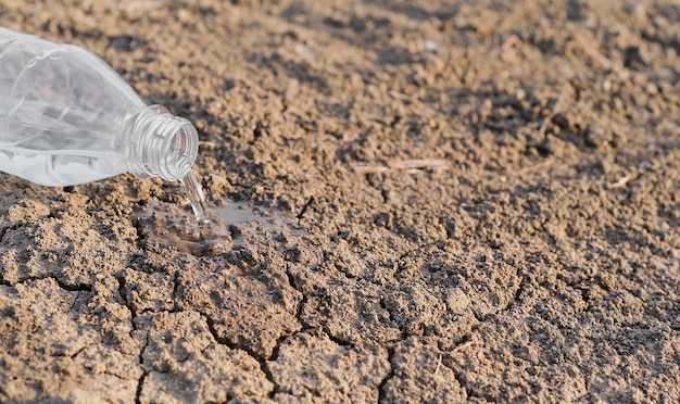 L'accent sélectif de la terre fissurée sèche en raison de la sécheresse de l'eau est versé à partir d'une crise des bouteilles en plastique et de la sécheresse en Asie manque d'eau d'été extrêmement chaud