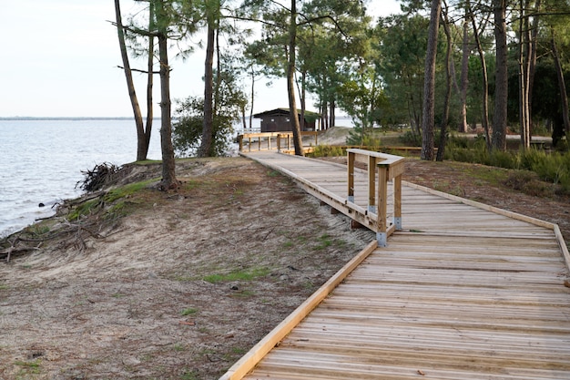 Accès bois plage voie vue lac vue chemin bois terrasse à Maubuisson Carcans France