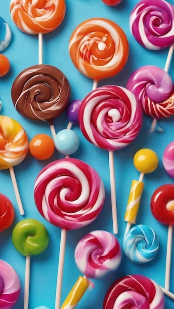Accessoire de fête appétissant sucré tourbillon de bonbons lollipop sur fond bleu vue du haut