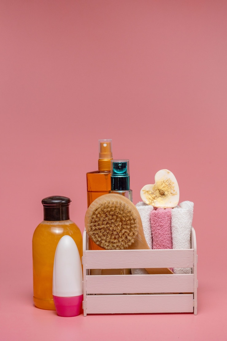 Photo accessoires de bain, concept de soins corporels quotidiens, produits de bain bio.