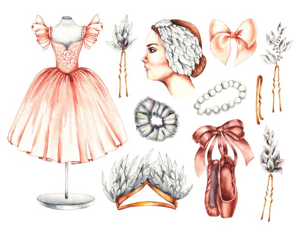 Accessoires de ballet à l'aquarelle et portrait d'une ballerine