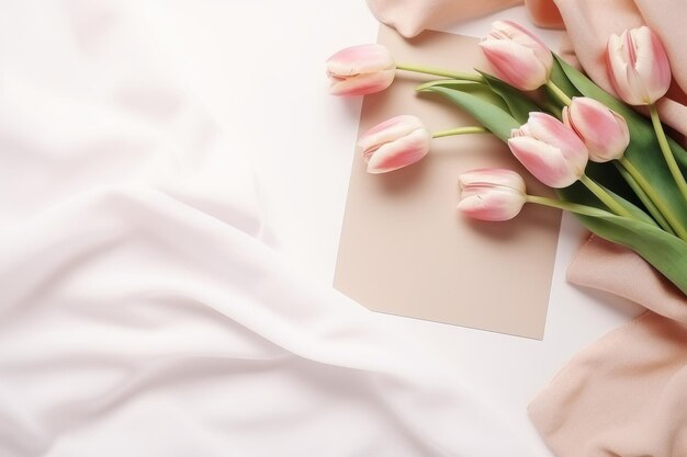Des accessoires beige à touches féminines élégantes des tulipes roses et du papier blanc ornant une table blanche