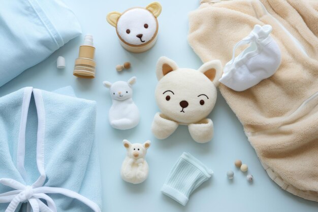 Accessoires captivants pour bébé Bath Time Bliss disposés sur une serviette luxueuse dans un format Pictureperfect Fla