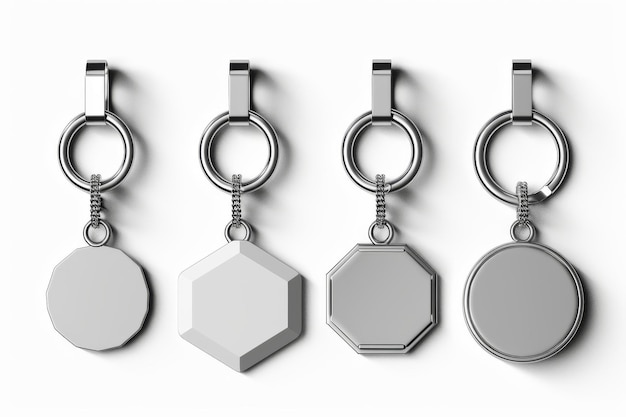 Des accessoires de couleur argentée ou des pendants souvenirs mock-up Une illustration moderne 3D réaliste de clip-art d'icônes de porte-clés en métal