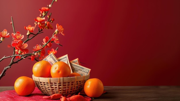 Accessoires sur fond de concept de vacances du Nouvel An chinois du Nouvel An lunaireOrange dans un panier en bois avec fleur sur fond rouge brun rustique moderne au bureau à domicile