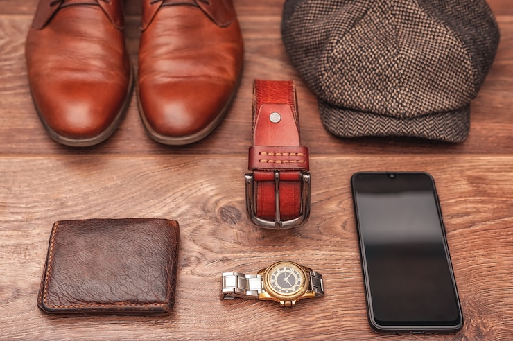Photo accessoires homme chaussures en cuir marron ceinture en cuir montre-bracelet portefeuille smartphone casquette