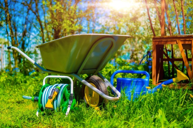 Accessoires de jardin avec des éléments jaunes sur l'herbe verte