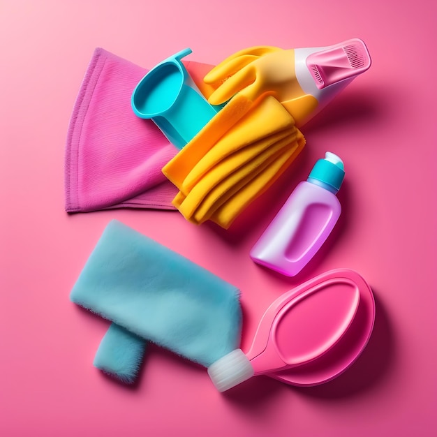 Accessoires de nettoyage gant en caoutchouc et chiffons sur fond rose concept de service de nettoyage