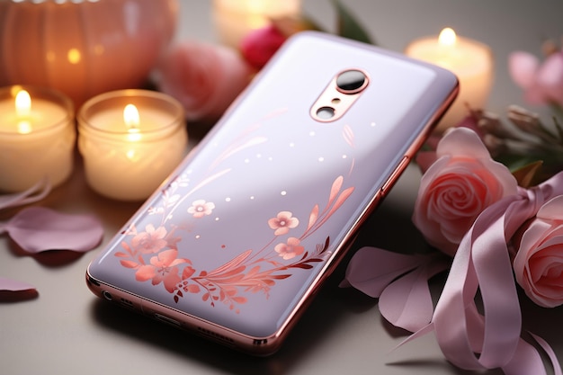 Photo des accessoires en or rose et holographiques sur un smartphone sur le thème de la saint-valentin