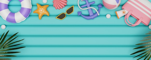 Accessoires de plage 3d sur le sol bleu pastel vacances d'été et concept de vacances copie espace bannière d'illustration 3d illustration de rendu 3d